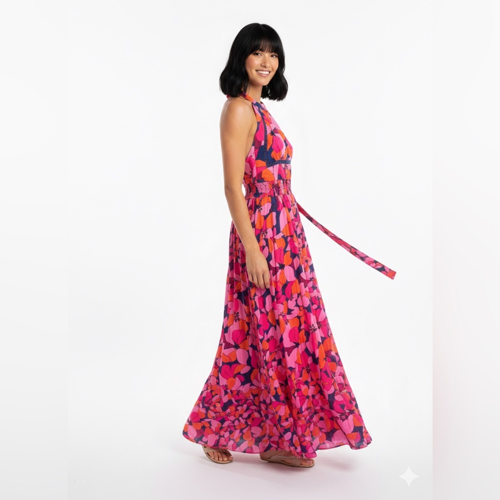 Vibrant Pink Floral Halter Maxi Dress